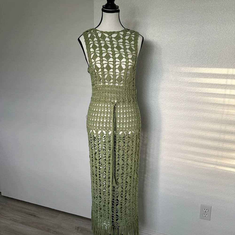 Lulu's Endless Waves Sage Green Crochet Fringe Midi Swim Cover-Up - Picture 2 of 11